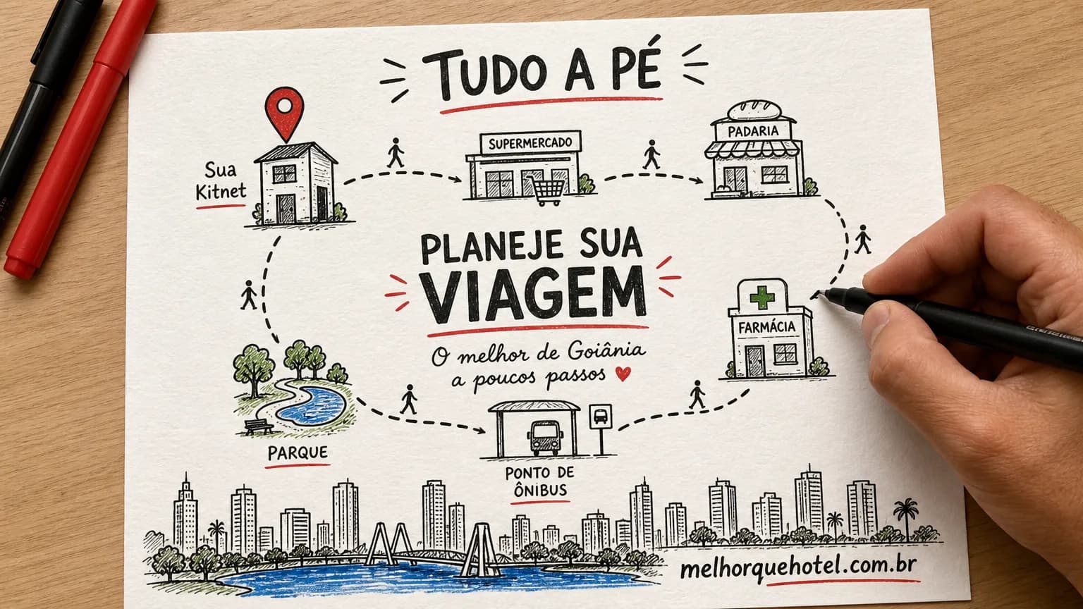 Ilustração de um mapa desenhado à mão com o que fica perto da Melhor Que Hotel em Goiânia — supermercado, padaria, farmácia, parque e ponto de ônibus