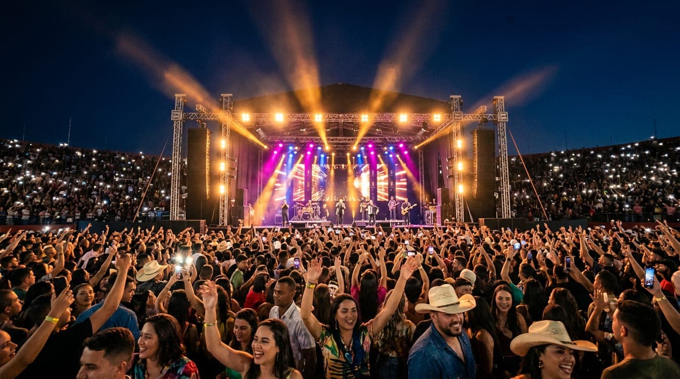 Multidão animada em show sertanejo à noite em Goiânia, luzes de palco coloridas